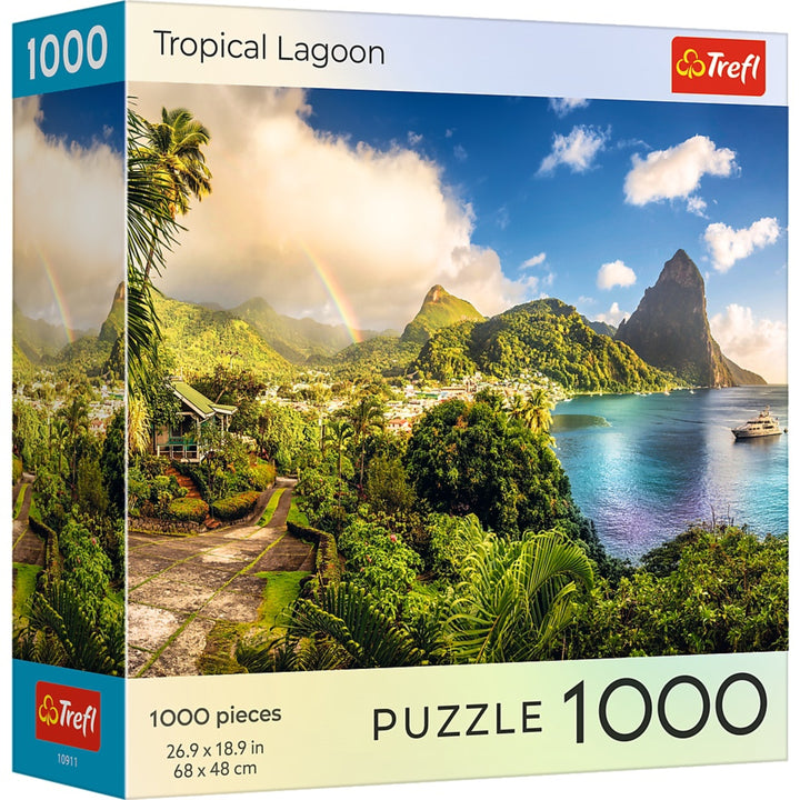 Puzzle: Sunsets Tropical Lagoon 1000 Piece - 1000-piece puzzle box featuring a vibrant tropical lagoon scene with lush green mountains, a rainbow, and a bright blue sky.