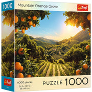 Puzzle: Sunsets Mountain Orange Grove 1000 Piece (PREORDER) - 1000-piece puzzle box featuring a vibrant sunset over a lush mountain orange grove with rows of orange trees and distant.