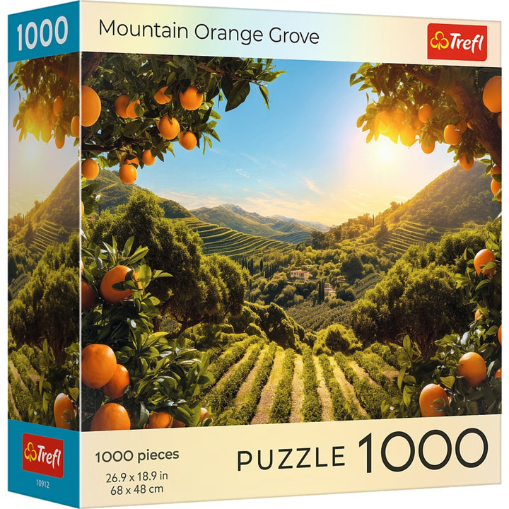 Puzzle: Sunsets Mountain Orange Grove 1000 Piece (PREORDER) - 1000-piece puzzle box featuring a vibrant sunset over a lush mountain orange grove with rows of orange trees and distant.