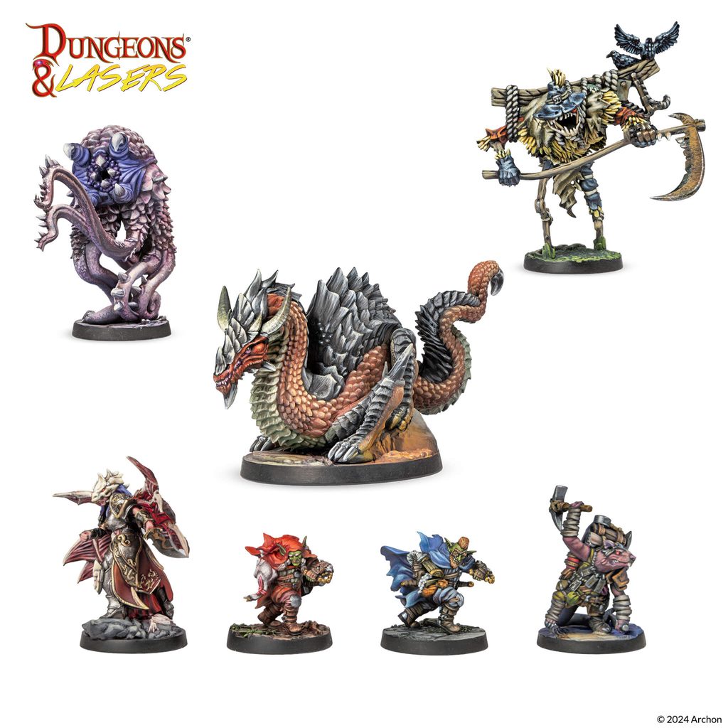 Dungeons & Lasers: Horrors Of Deuslair (Unpainted) - Set of seven detailed fantasy miniatures featuring a multi-headed serpent, armored warrior, skeletal reaper, and various.