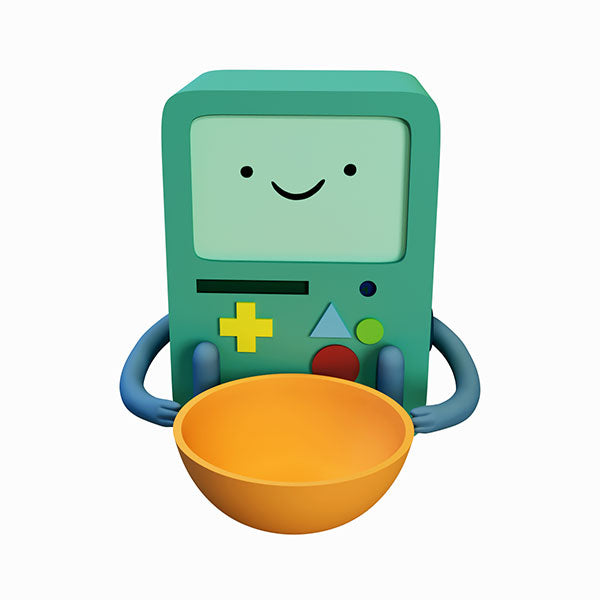 Adventure Time Card Wars: BMO Token Holder (PREORDER) - Teal rectangular token holder shaped like BMO with a smiling face and yellow, red, and blue buttons, holding an orange bowl.