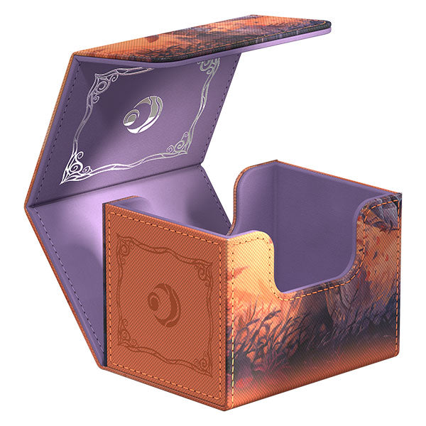 Ultimate Guard Sidewinder 100+ Xenoskin Deckcase: Lorwyn Eclipsed - Rhys, the Evermore - Orange and purple card deck case with fantasy-themed artwork and silver embossed decorative borders.