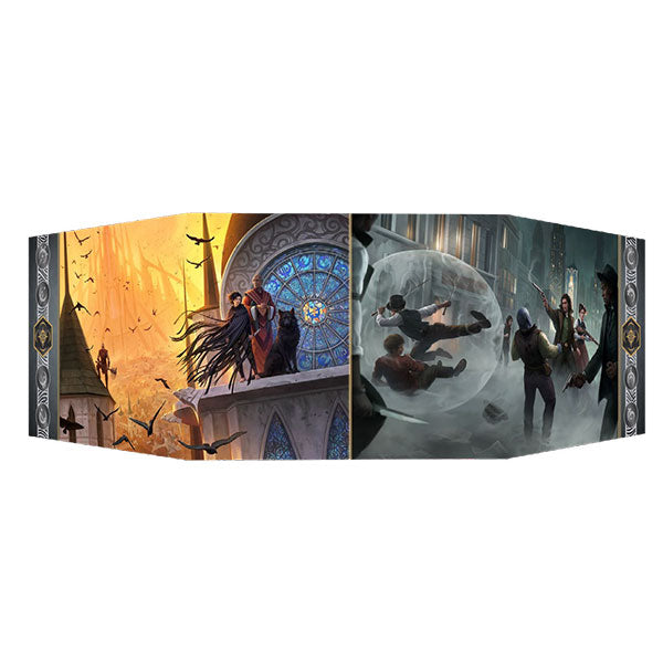 Cosmere RPG: Mistborn GM Screen (PREORDER) - Tri-panel RPG GM screen with vibrant fantasy art featuring a cloaked figure, cityscape, and shadowy combat scenes.