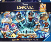 1000 Piece Puzzle: Disney Lorcana Glimmers of the Realm - Sapphire - Disney Lorcana 1000-piece puzzle box featuring vibrant fantasy artwork with characters glowing in blue and purple hues,.