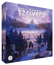 12 Rivers - Square board game box with a purple-hued landscape depicting a mountain valley, pine trees, and a river under a cloudy sky,.