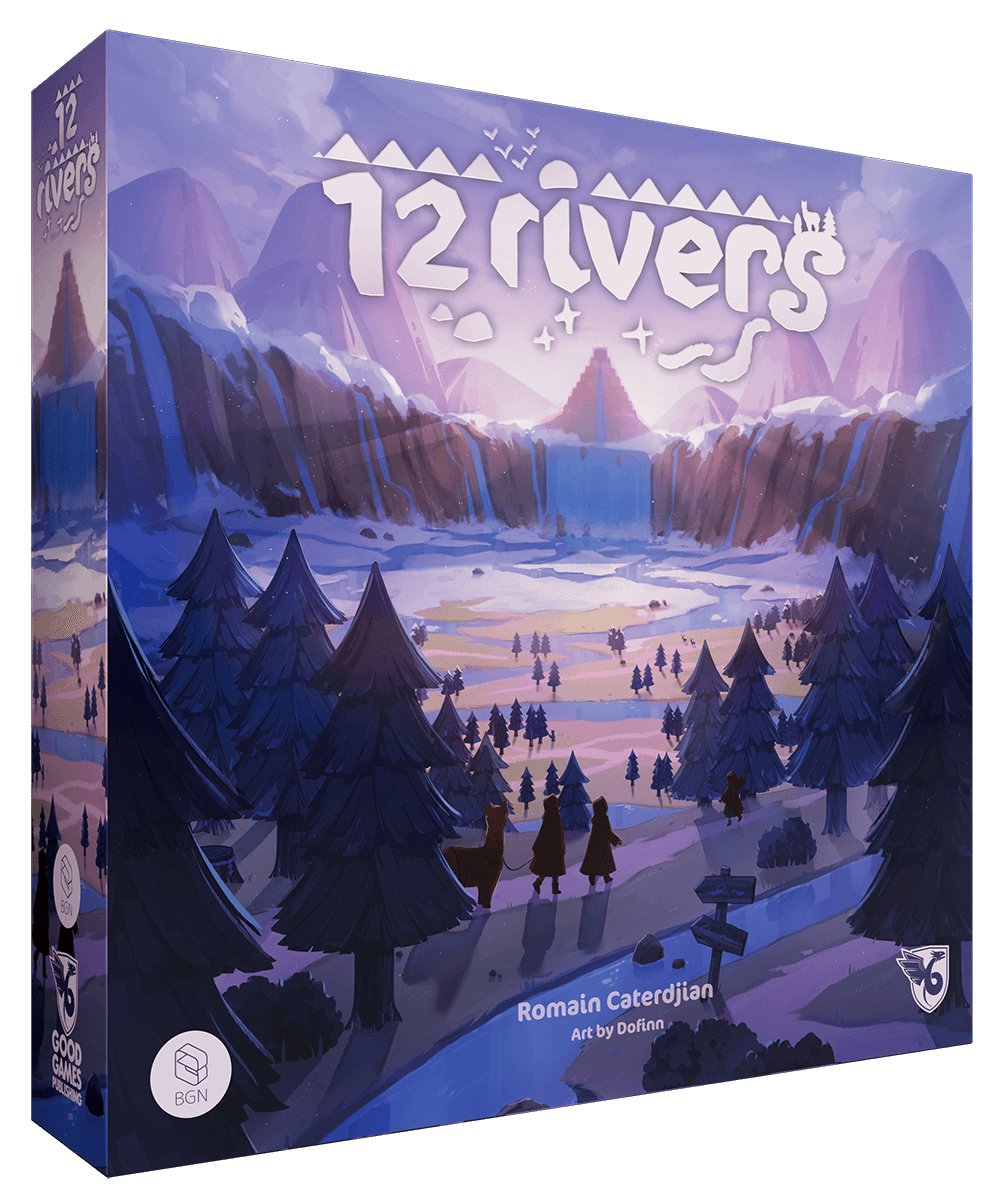 12 Rivers - Square board game box with a purple-hued landscape depicting a mountain valley, pine trees, and a river under a cloudy sky,.