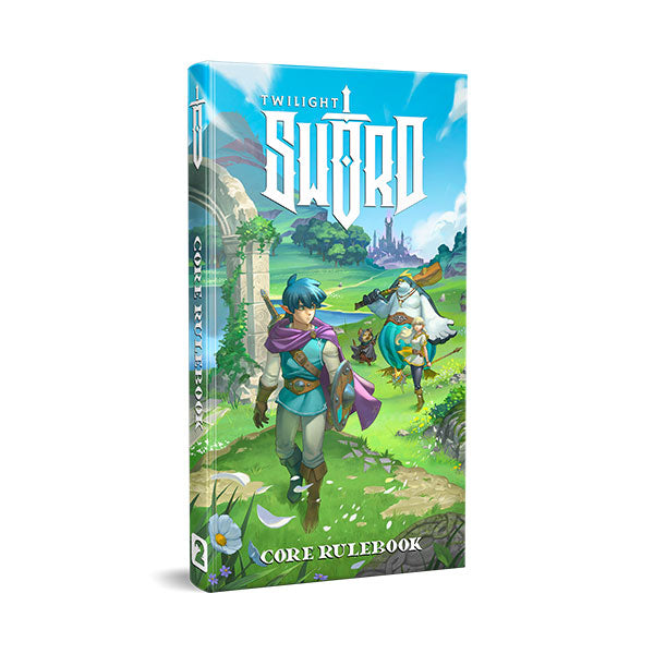 Twilight Sword RPG: Core Rulebook (PREORDER) - RPG core rulebook with vibrant fantasy cover showing characters in medieval attire walking through lush green landscape.