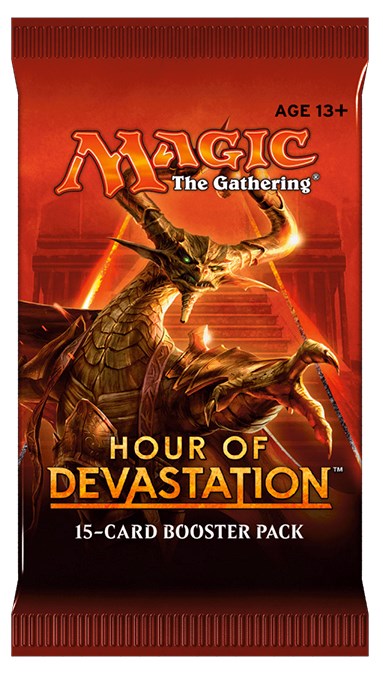Magic: The Gathering - Hour of Devastation Booster Pack - The Gathering Hour of Devastation booster pack with fiery dragon artwork on red-orange gradient packaging.