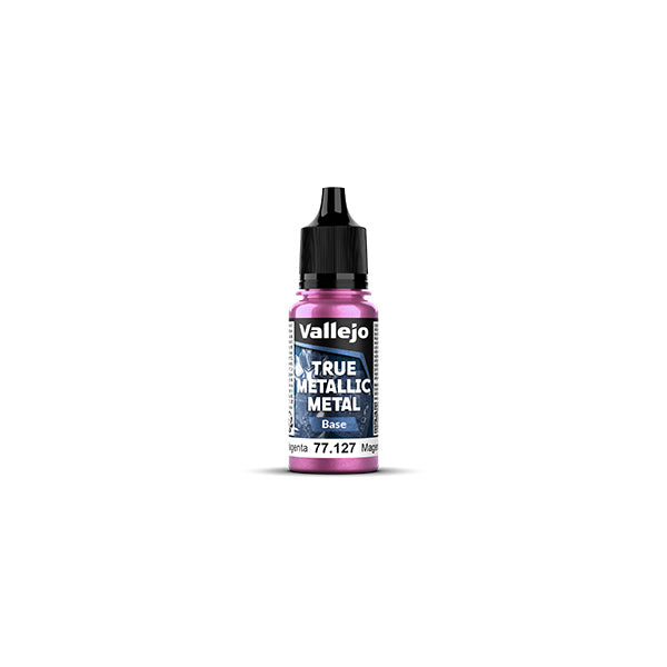 Vallejo True Metallic Metal Base: Crimson Magenta (18ml) - Small plastic bottle of pink metallic paint with black cap and Vallejo label.