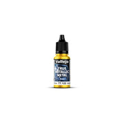 Vallejo True Metallic Metal Base: Radiant Yellow (18ml) - Small clear plastic paint bottle with black twist cap, labeled Vallejo True Metallic Metal Base Radiant Yellow paint,.