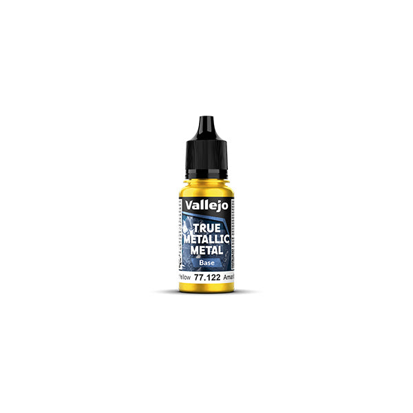 Vallejo True Metallic Metal Base: Radiant Yellow (18ml) - Small clear plastic paint bottle with black twist cap, labeled Vallejo True Metallic Metal Base Radiant Yellow paint,.
