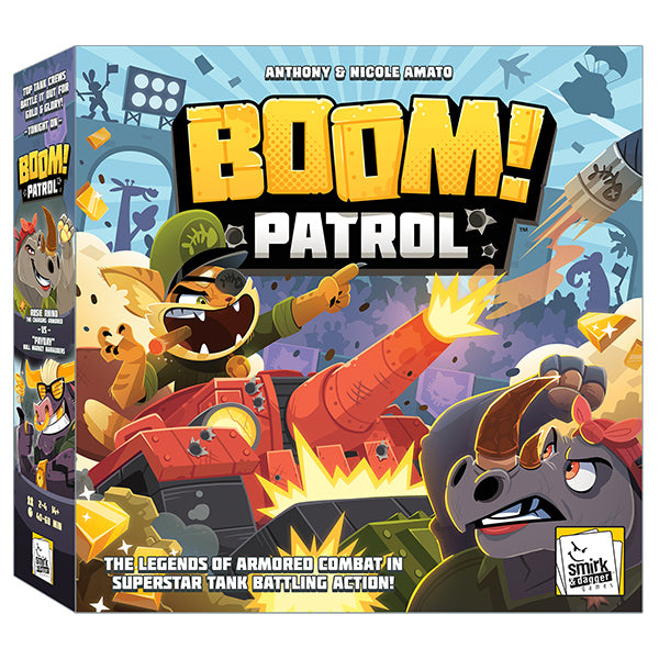 BOOM Patrol - Colorful BOOM! Patrol strategy board game box with cartoon tanks, explosions, and military characters on cover.
