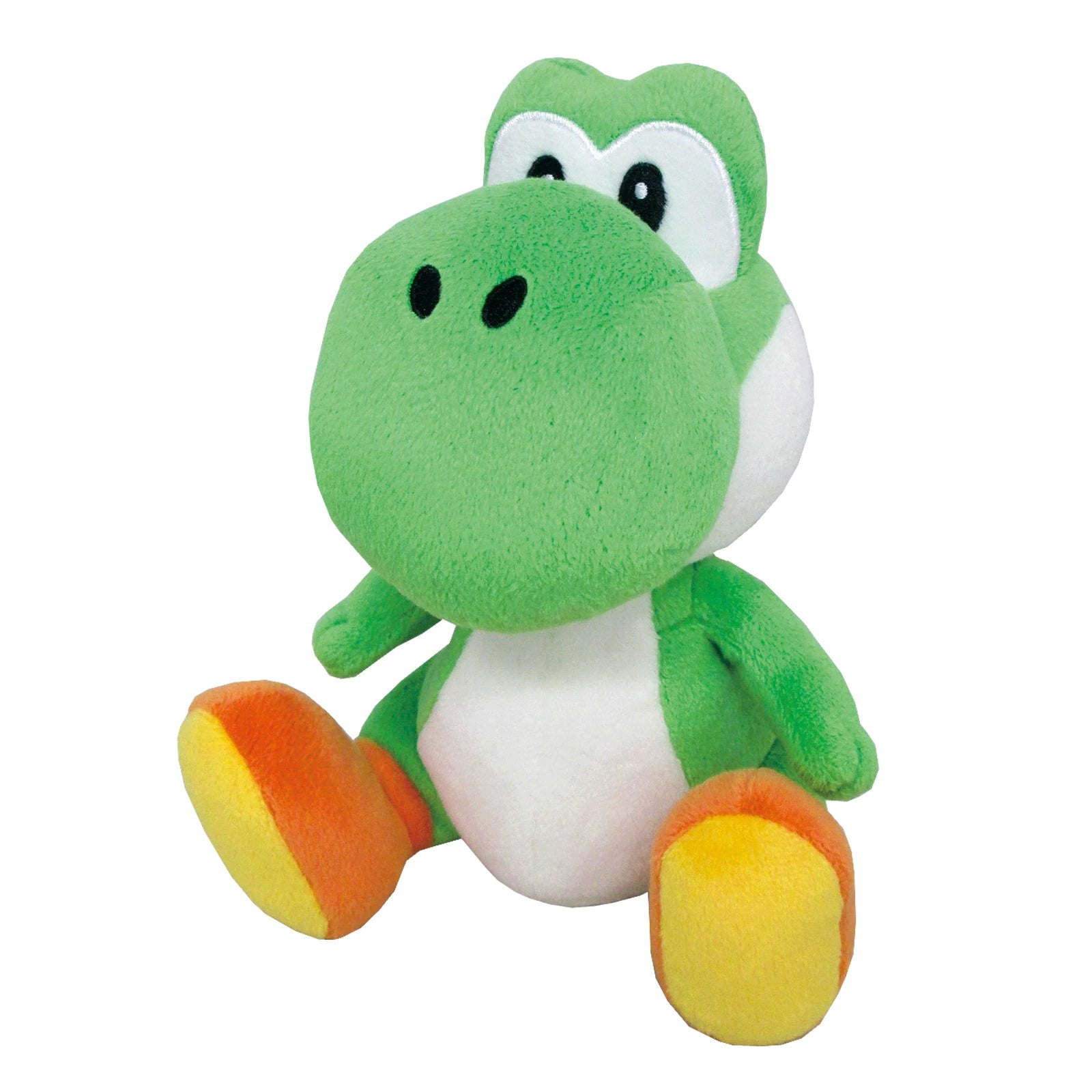Super Mario All Star Collection - Green Yoshi Plush, 8" - Green Yoshi plush with white belly and orange-yellow feet, soft fabric, sitting pose, 8-inch tall.