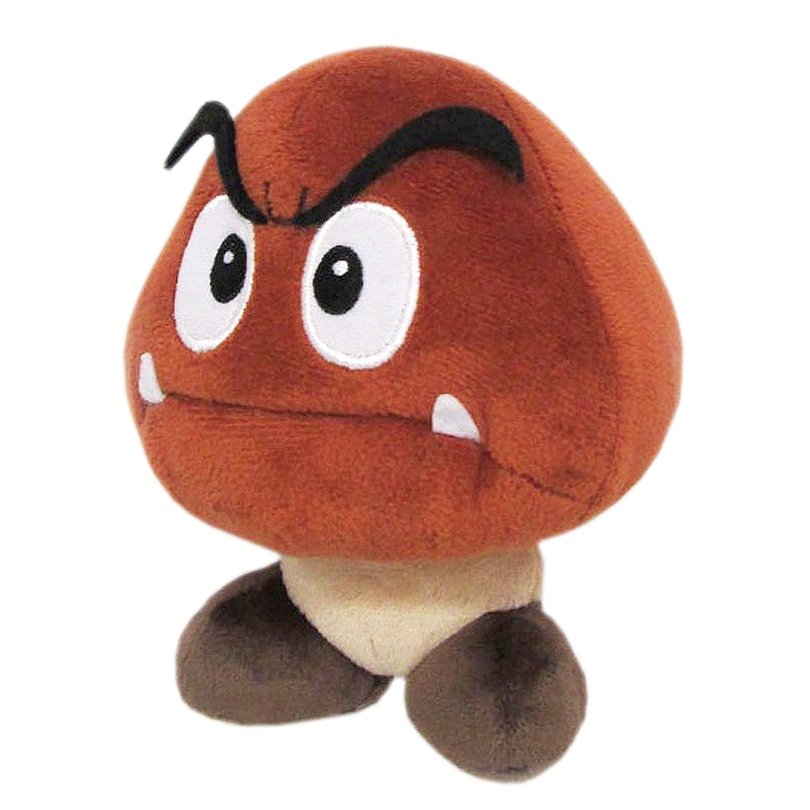 Super Mario All Star Collection - Goomba Plush, 5" - Brown Goomba plush with large white eyes, black eyebrows, white fangs, and beige feet standing upright.