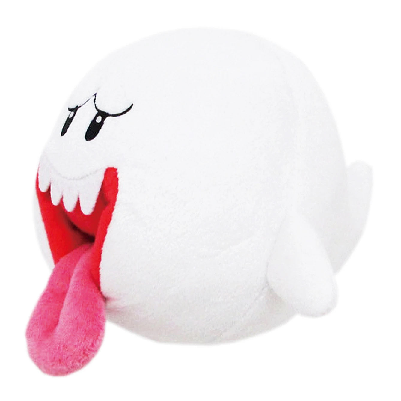 Super Mario All Star Collection - Ghost Boo Plush, 4" - White plush Ghost Boo from Super Mario with black eyes, red mouth, and extended pink tongue, 4 inches tall.