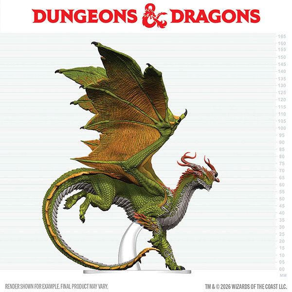 D&D Icons of the Realms: Adult Spirit Dragon (PREORDER) - Green and brown adult dragon figurine with outstretched wings and red horns on a round black base.