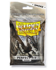 Dragon Shield : Perfect Fit: Smoke 100 Count - Package of 100 Dragon Shield Perfect Fit card sleeves in translucent smoky gray with dragon artwork and yellow logo.