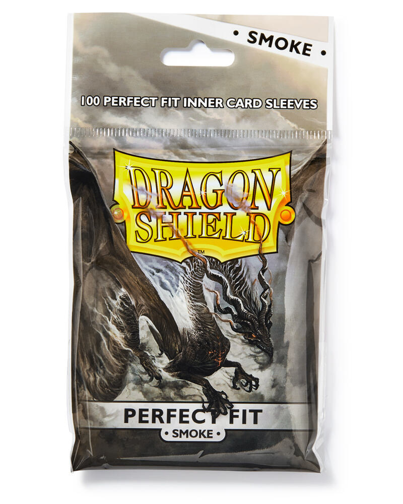 Dragon Shield : Perfect Fit: Smoke 100 Count - Package of 100 Dragon Shield Perfect Fit card sleeves in translucent smoky gray with dragon artwork and yellow logo.