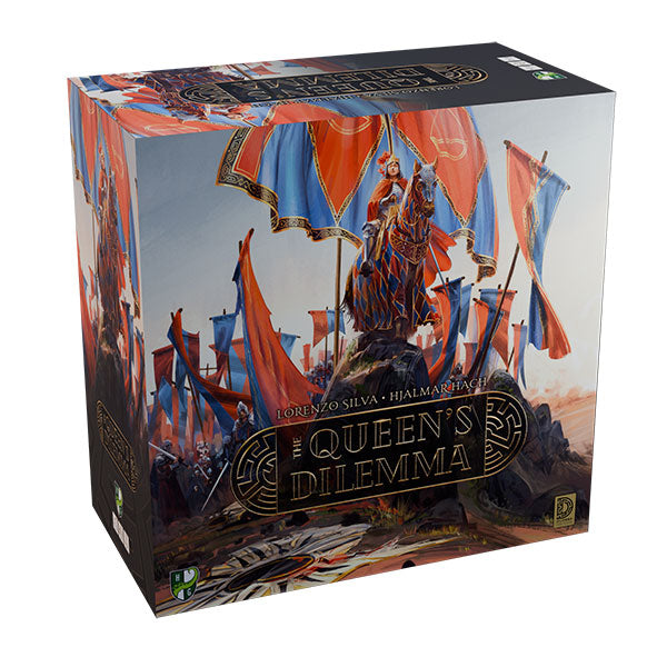 The Queen's Dilemma (PREORDER) - Square board game box for The Queen's Dilemma featuring a detailed illustration of a queen on horseback with red banners and
