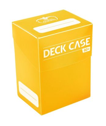 Ultimate Guard 80+ Deck Case - Yellow - Bright yellow rectangular deck box with white printed text and label areas, designed for storing 80+ cards.