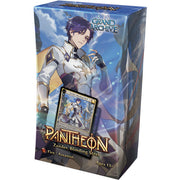 Grand Archive TCG: Radiant Origins Pantheon Deck - Zander, Blinding Steel - Tall rectangular box with blue skies and clouds background, featuring an anime-style male character with dark hair in silver