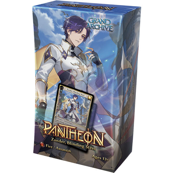 Grand Archive TCG: Radiant Origins Pantheon Deck - Zander, Blinding Steel - Tall rectangular box with blue skies and clouds background, featuring an anime-style male character with dark hair in silver
