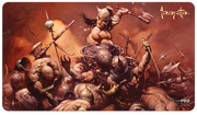 Ultra Pro Playmat: Frank Frazetta - The Destroyer (PREORDER) - Fantasy battle scene playmat with muscular warriors wielding weapons on a dark red background.