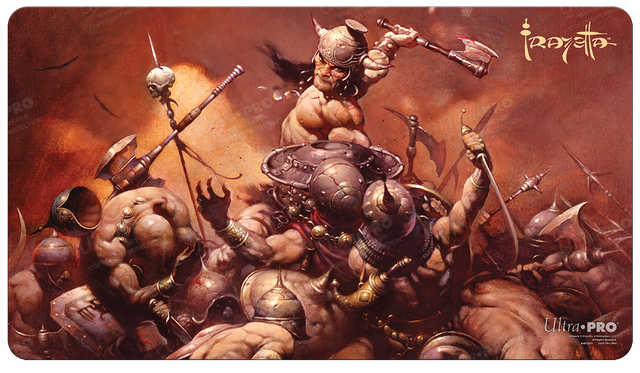 Ultra Pro Playmat: Frank Frazetta - The Destroyer (PREORDER) - Fantasy battle scene playmat with muscular warriors wielding weapons on a dark red background.