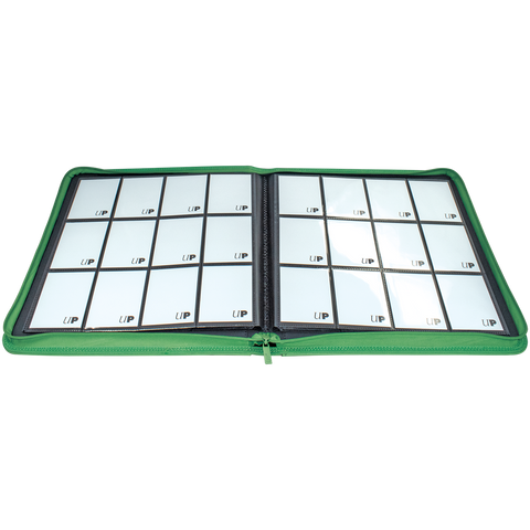 Ultra Pro 12-Pocket Zippered Binder: Vivid - Green (PREORDER) - Green zippered binder with clear 12-pocket pages for cards, open flat on white background.
