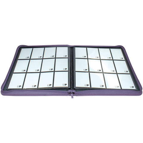 Ultra Pro 12-Pocket Zippered Binder: Vivid - Purple (PREORDER) - Purple zippered binder open to display two pages of clear plastic 12-pocket card sleeves, each sleeve holding multiple cards.