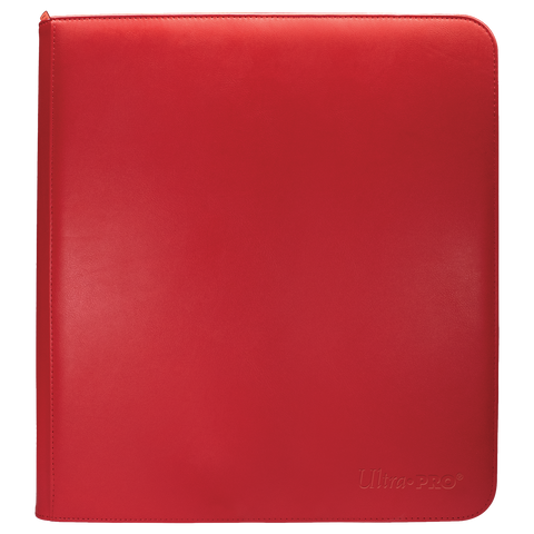 Ultra Pro 12-Pocket Zippered Binder: Vivid - Red (PREORDER) - Bright red zippered binder with smooth synthetic cover and embossed Ultra Pro logo in bottom corner.