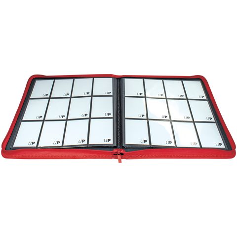 Ultra Pro 12-Pocket Zippered Binder: Vivid - Red (PREORDER) - Red zippered binder open to 12 clear plastic pockets for card storage.