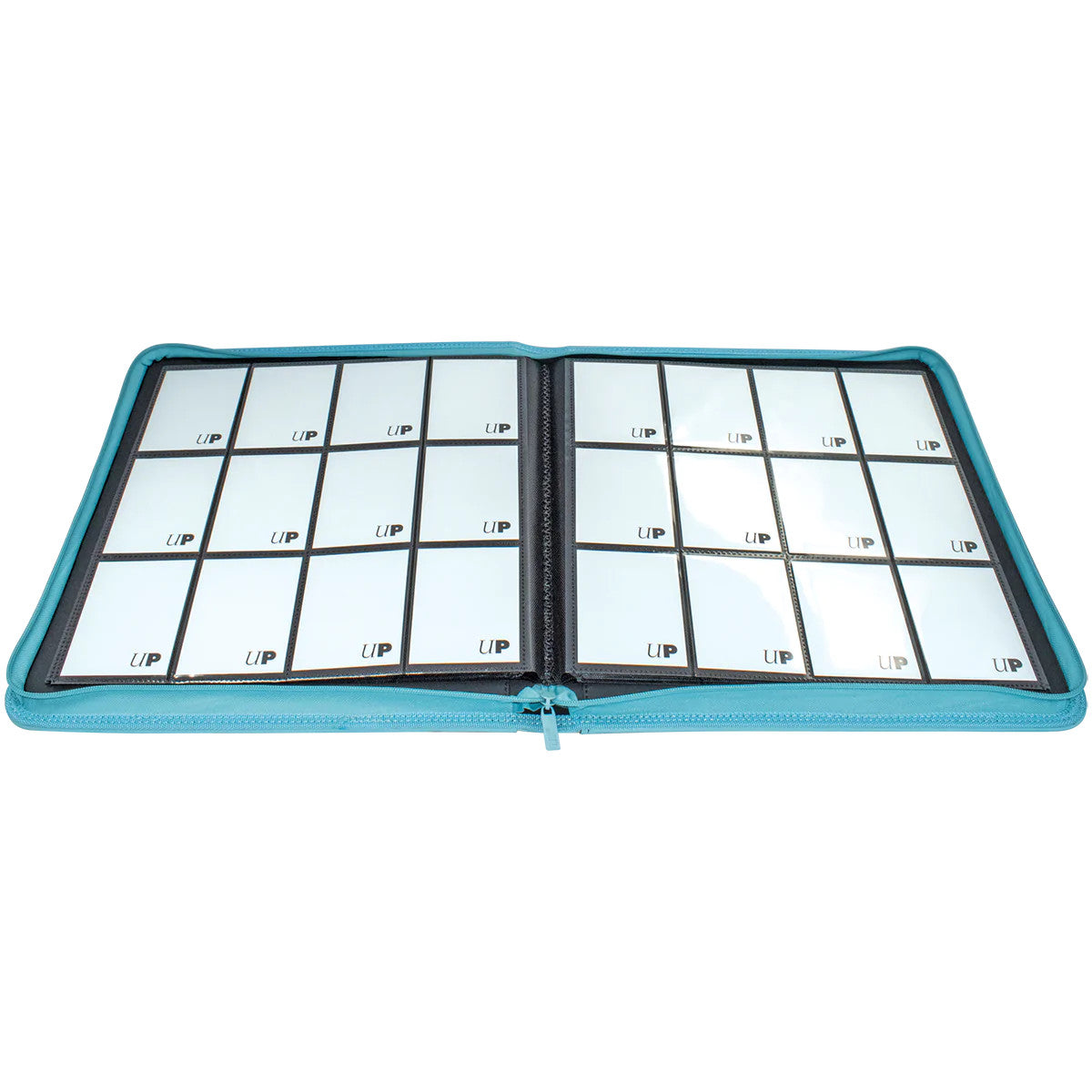 Ultra Pro 12-Pocket Zippered Binder: Vivid - Light Blue (PREORDER) - Light blue zippered binder opened to reveal 12 clear card pockets on black interior pages.