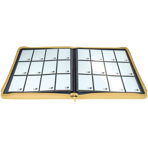 Ultra Pro 12-Pocket Zippered Binder: Vivid - Yellow (PREORDER) - Yellow zippered binder open to display clear 12-pocket sleeves for card storage.