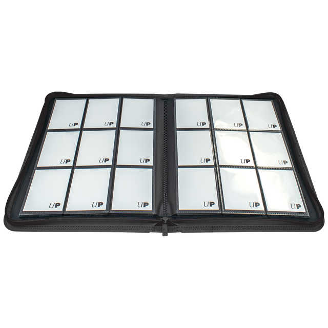 Vivid 9-Pocket Zippered Pro-Binder - Black - Black zippered card binder open to show two pages of clear 9-pocket plastic sleeves with white card inserts.