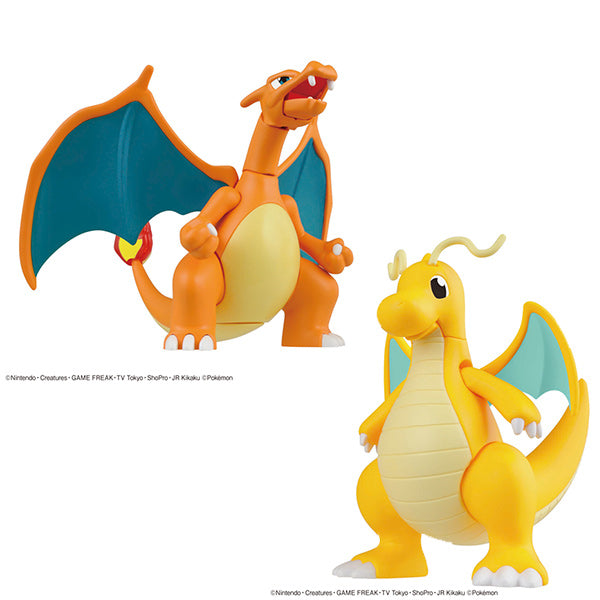 Pokémon Model Kit - Charizard & Dragonite (PREORDER) - Orange and cream Charizard model with blue wings and fierce expression, yellow and cream Dragonite model with small wings.