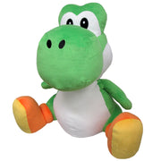 Super Mario All Star Collection - Green Yoshi Plush, 18" - Green Yoshi plush with white belly, orange shoes, and large black eyes, sitting upright.