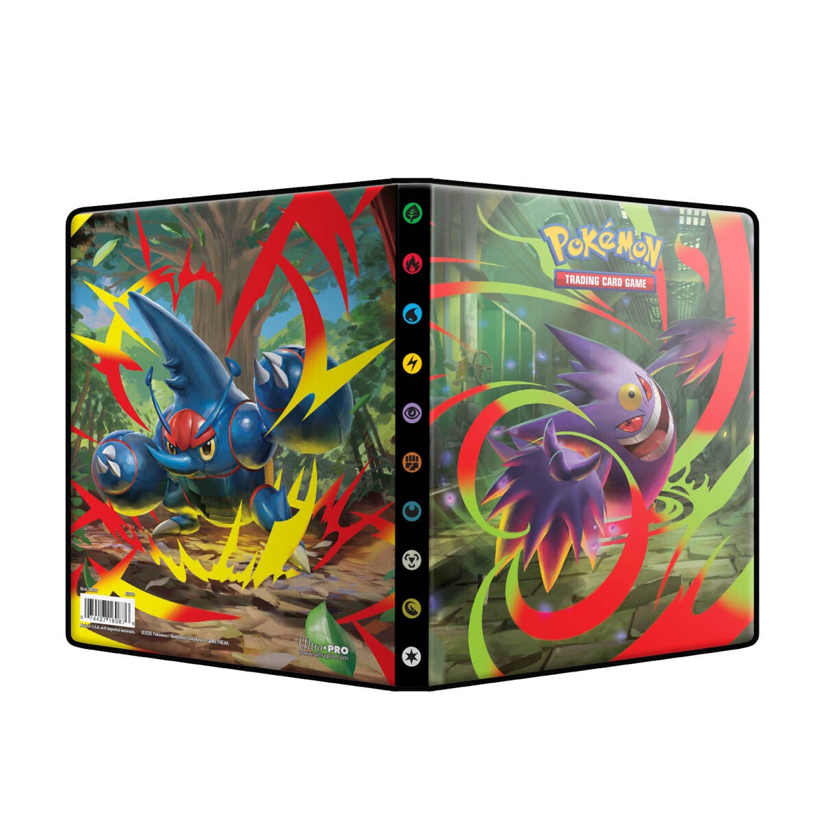 Ultra Pro Pokémon 4-Pocket Portfolio - Mega Evolution Phantasmal Flames - Black Ultra Pro Pokémon binder with vibrant Mega Evolution artwork of dark blue and purple Pokémon, colorful swirling.