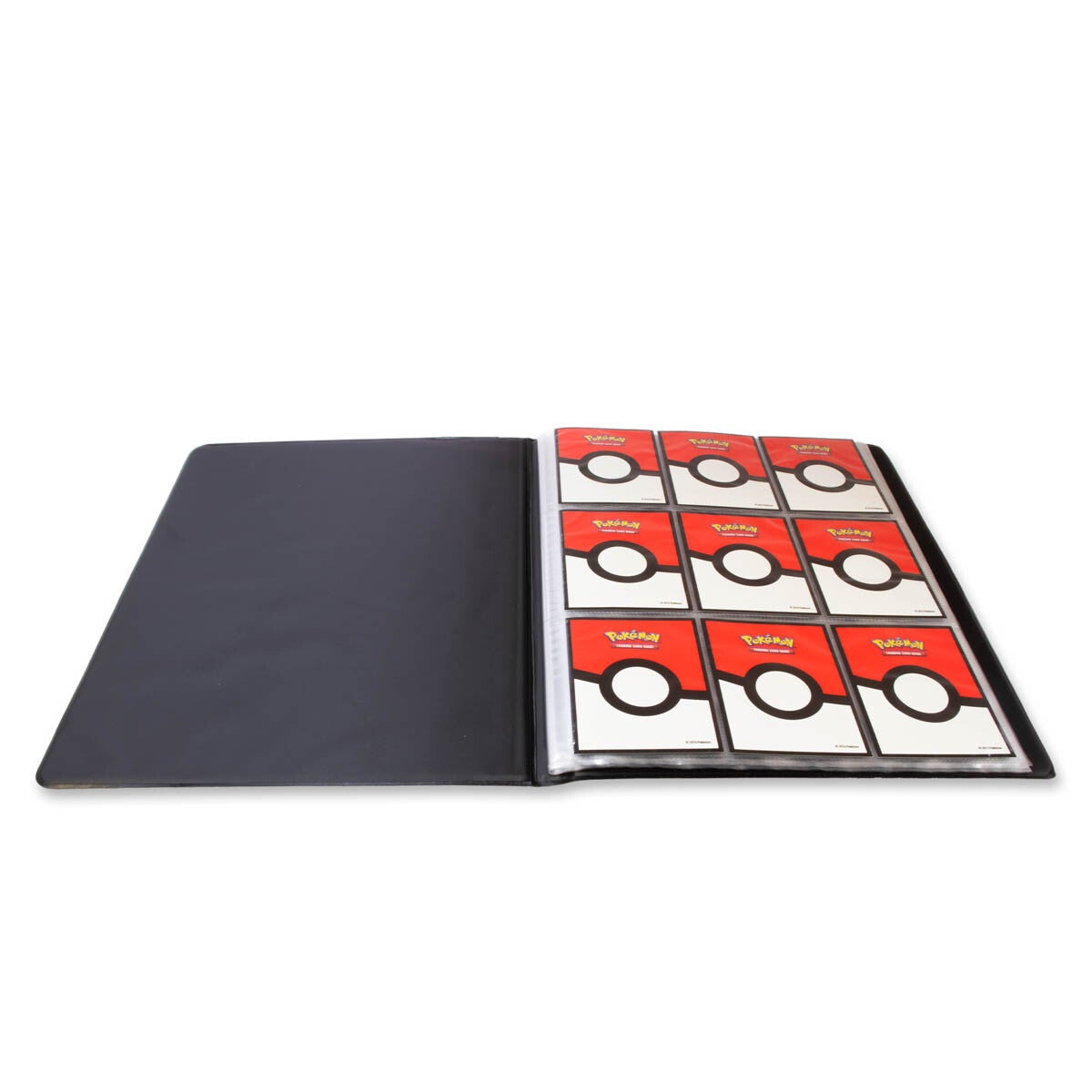 Ultra Pro Pokémon 9-Pocket Portfolio - Mega Evolution Phantasmal Flames - Black card binder open to nine-pocket clear plastic sleeve holding nine Pokémon cards with red and white Poké Ball backs.