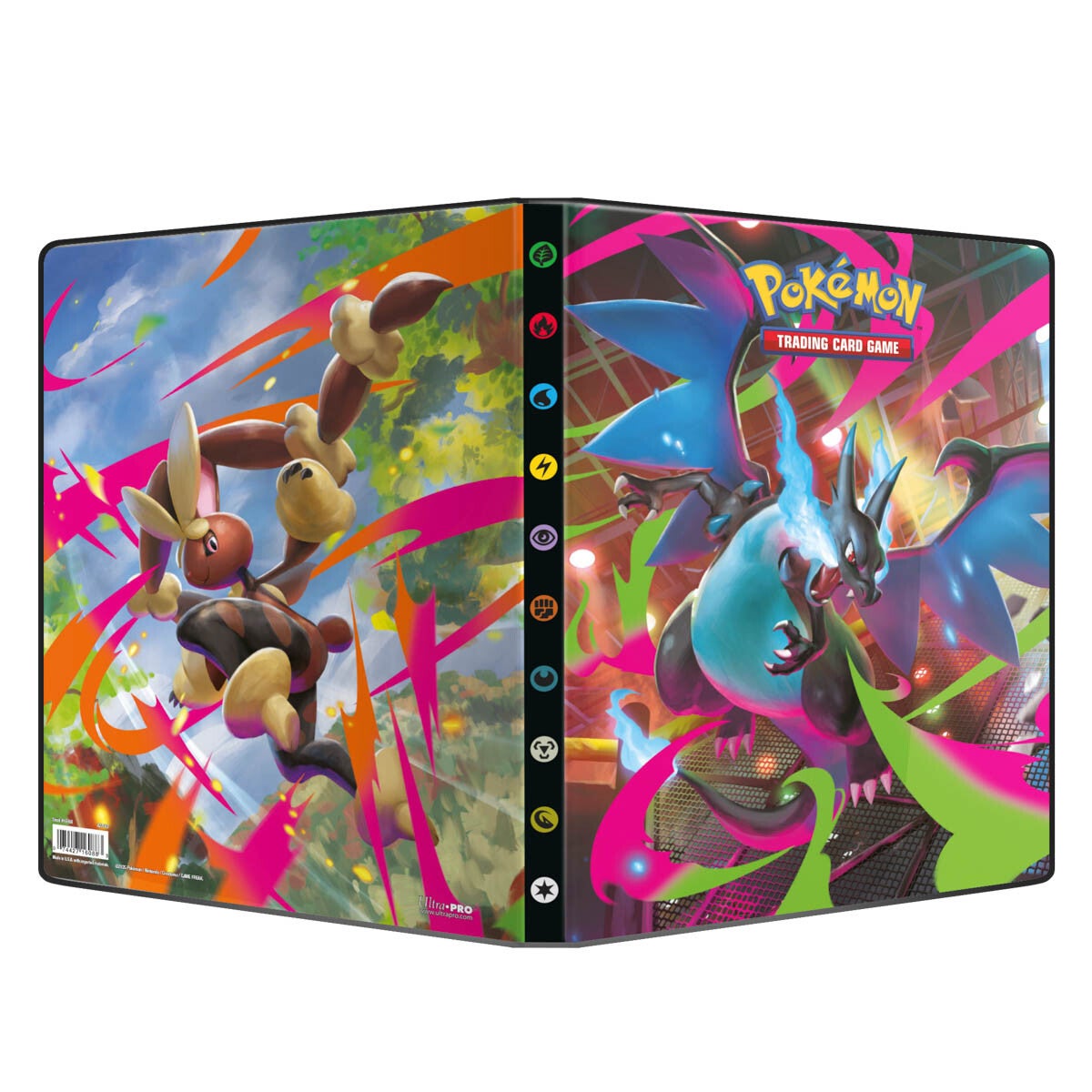 Ultra Pro Pokémon 9-Pocket Portfolio - Mega Evolution Phantasmal Flames - Black Ultra Pro 9-pocket portfolio with colorful Mega Evolution Pokémon artwork featuring Eevee and Mega Charizard X.