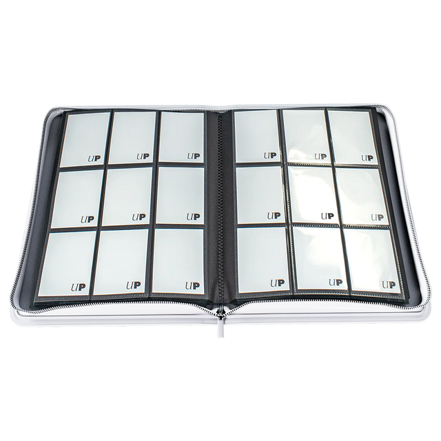 Vivid 9-Pocket Zippered Pro-Binder - White - White zippered binder with nine clear plastic card pockets on each open page, designed for organized card storage.
