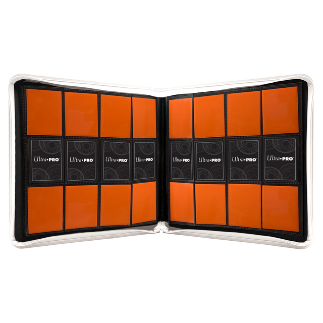 Vivid 12-Pocket Zippered Pro-Binder - White - White zippered binder open to show 12 orange and black card sleeves with black mesh centers.