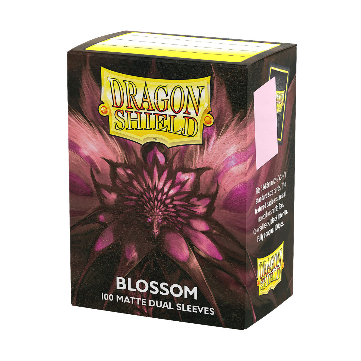 Dragon Shield Dual Sleeves 100ct Box - Matte Blossom - Black and deep pink matte card sleeve box featuring a large stylized blossom design and Dragon Shield logo.