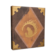 Critical Role: Caleb Widogast's Game Master Spell Book - Leather-bound spell book with brown and tan diamond design and golden flame emblem on cover.