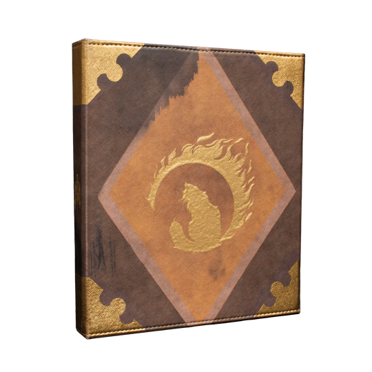Critical Role: Caleb Widogast's Game Master Spell Book - Leather-bound spell book with brown and tan diamond design and golden flame emblem on cover.