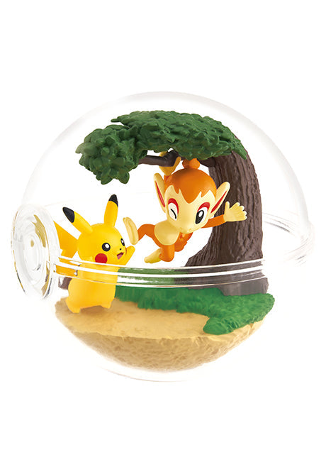 Re-Ment Pokémon Terrarium Collecion 12 Series Blind Box - Individual - Clear plastic terrarium sphere containing Pikachu and Chimchar figurines under a green tree on sandy ground.