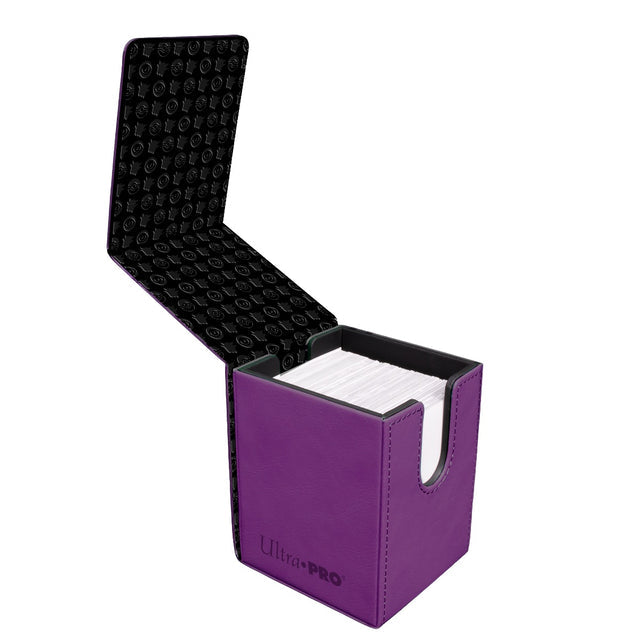 Ultra Pro premium Alcove Flip Deck Box - Elite Series Gengar - Purple synthetic leather flip deck box with black interior featuring repeated Gengar silhouettes.