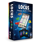 LOCUS - Dark blue rectangular box for LOCUS game featuring a colorful geometric grid and Tetris-like pieces on the cover.
