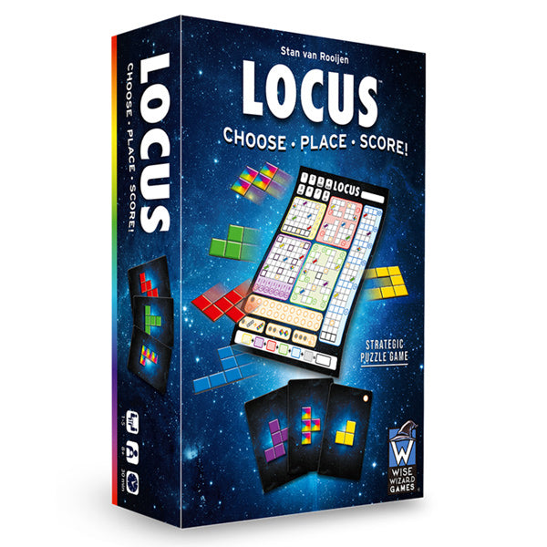 LOCUS - Dark blue rectangular box for LOCUS game featuring a colorful geometric grid and Tetris-like pieces on the cover.