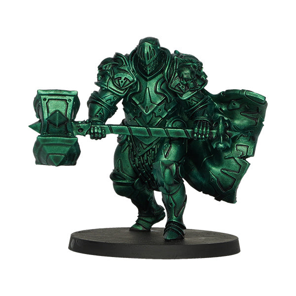 Vallejo True Metallic Metal Shade: Dusken Green (18ml) - Dark metallic green armored warrior miniature holding a large hammer and shield on a round base.